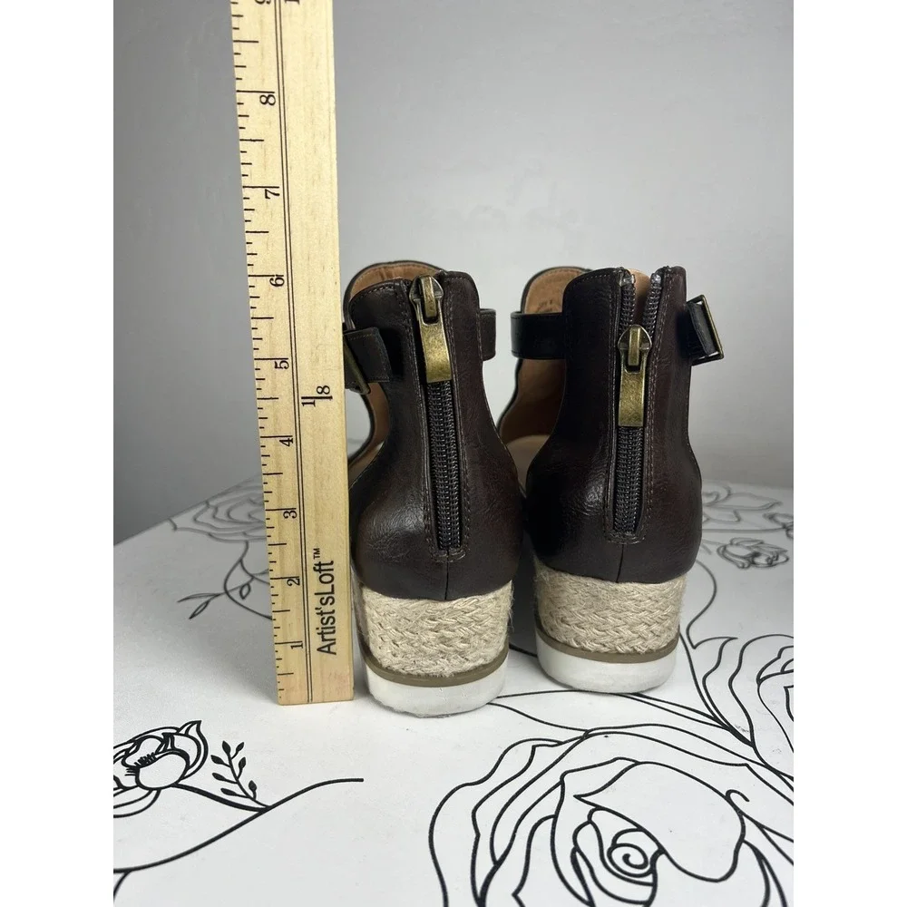 Corkys Boutique Sugar City Brown Leather Espadrille Wedge Zip Up Sandal Size 8